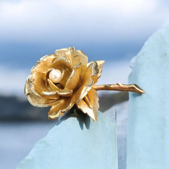 VTG Marcel Boucher Gold-plated Rose with Cultured Pearl Brooch